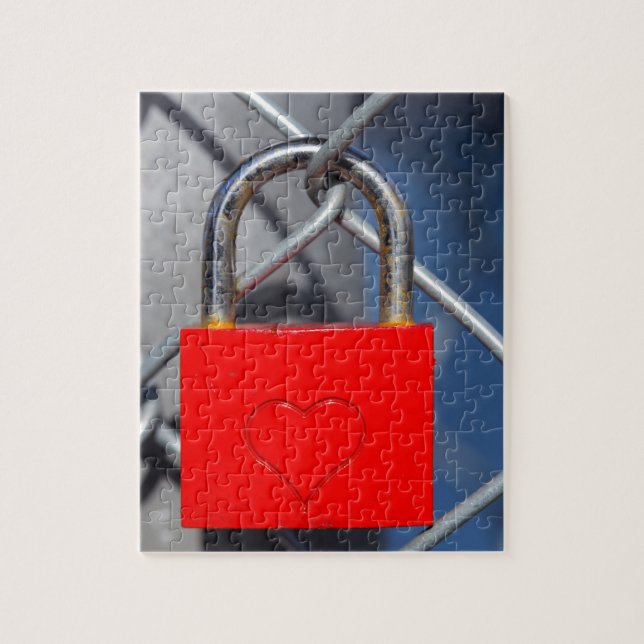 Red heart lock on fence jigsaw puzzle (Vertical)