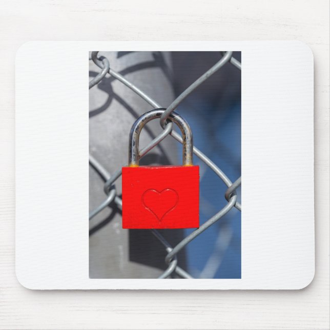 Red heart lock on fence mouse pad (Front)