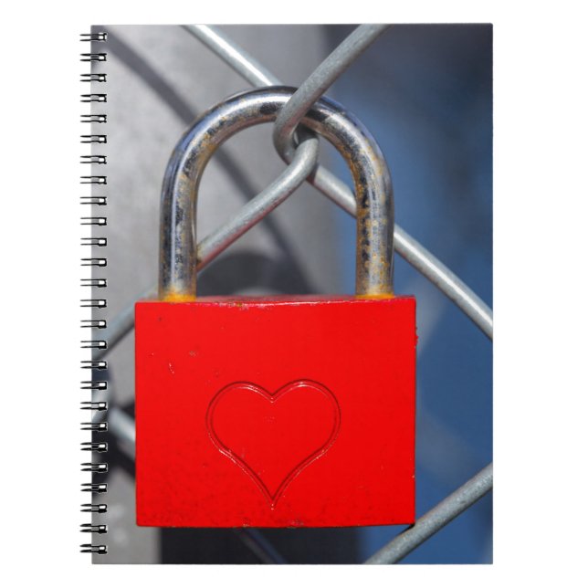 Red heart lock on fence notebook (Front)