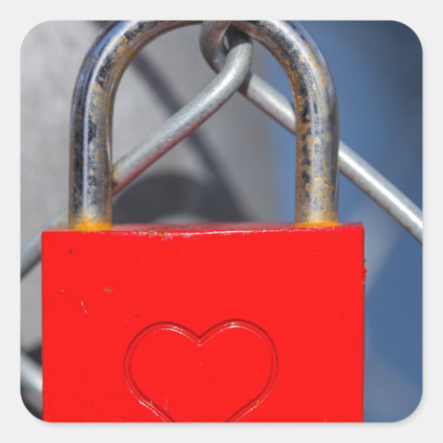 Red heart lock on fence square sticker (Front)