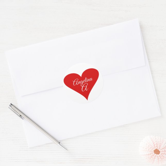 Red Heart Love Valentine's Day Name & Monogram Classic Round Sticker (Envelope)