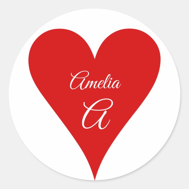 Red Heart Love Valentine's Day Name & Monogram Classic Round Sticker (Front)