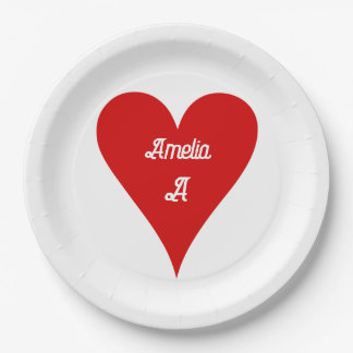 Red Heart Love Valentine's Day Name & Monogram Paper Plate