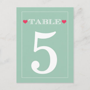 Red Heart Mint Green Wedding Table Number Cards