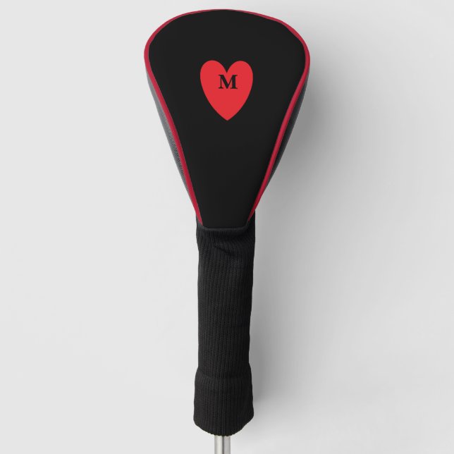 Red Heart Monogrammed Initial Name Black Cool Golf Head Cover (Front)