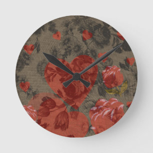 Red heart on beautiful vintage floral round clock