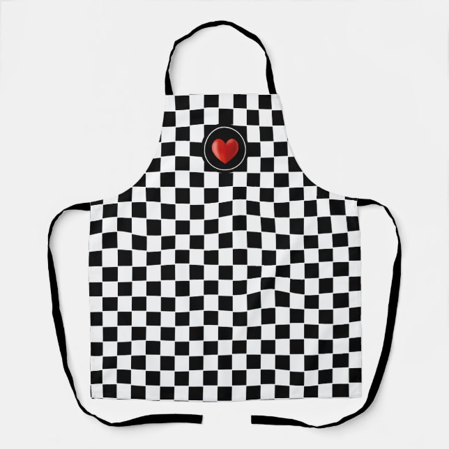 Red Heart on Black White Chequerboard Pattern Apron (Front)