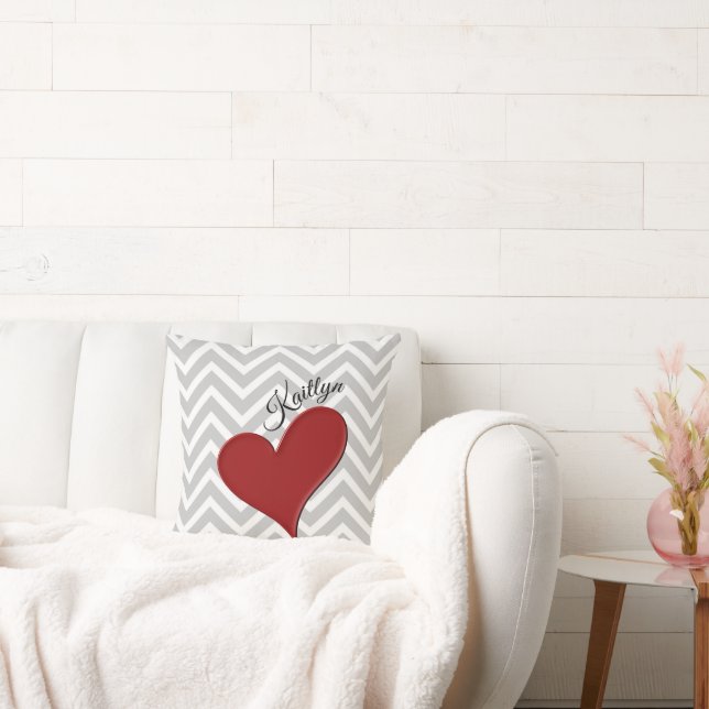 Red Heart on Grey Chevron Stripe Throw Pillow (Couch)