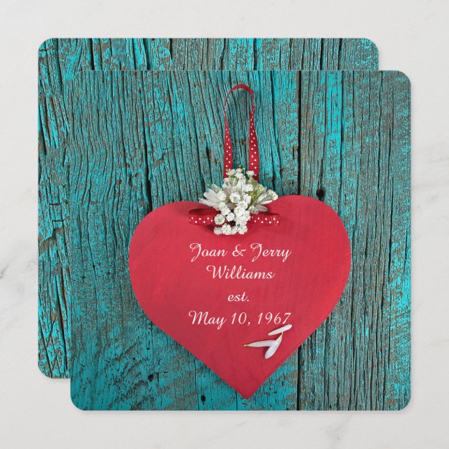 red heart on turquoise wood vow renewal invitation (Front/Back)