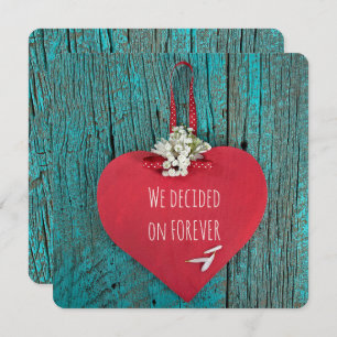 red heart on turquoise wood wedding invitation