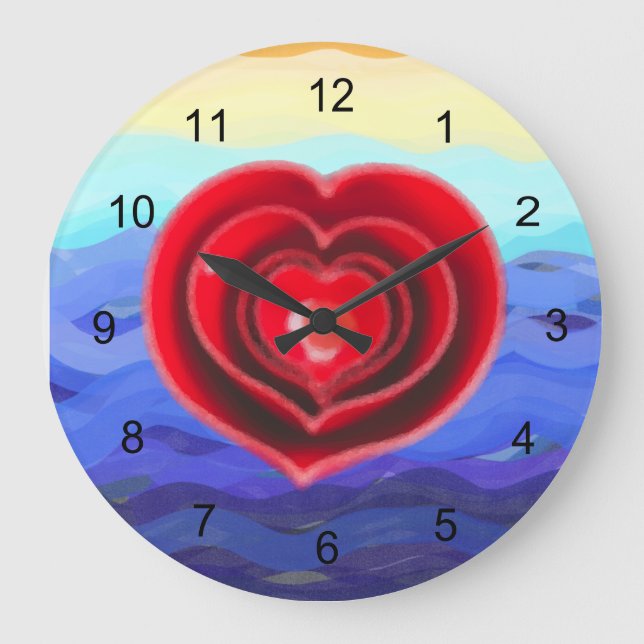 Red Heart on Waves Valentine Large Clock (Front)