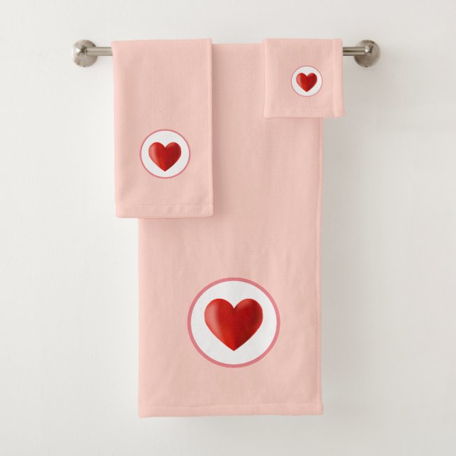 Red Heart on White & Coral Pink Background Bath Towel Set (Insitu)