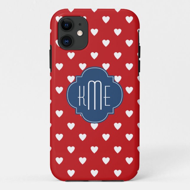 Red Heart Pattern Blue Quatrefoil Monogram Case-Mate iPhone Case (Back)