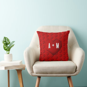 Red Heart Pattern Initials Valentine's Day Cushion