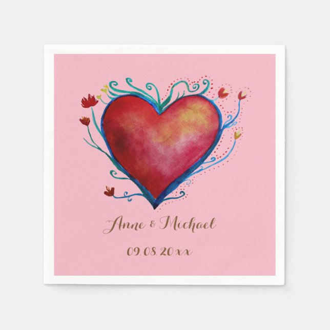 Red  Heart Personalised Wedding  Napkins (Front)