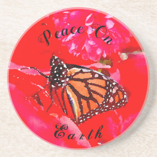 Red Heart Poinsettia Watercolor Monarch Butterfly Coaster
