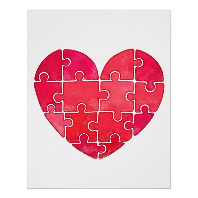 Red heart puzzle watercolor illustration poster (Front)