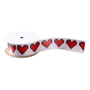Red heart ribbon with pixel art love symbol satin ribbon