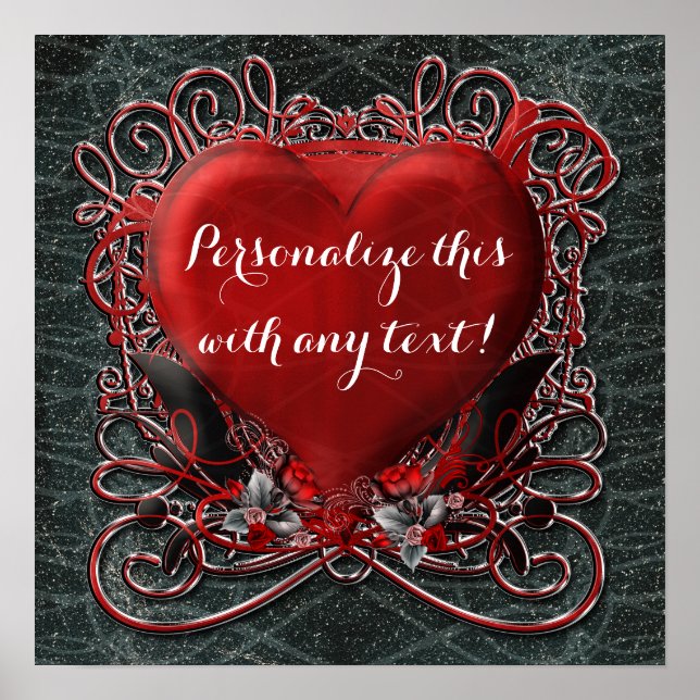 Red Heart & Roses Gothic Valentine Wedding Party Poster (Front)