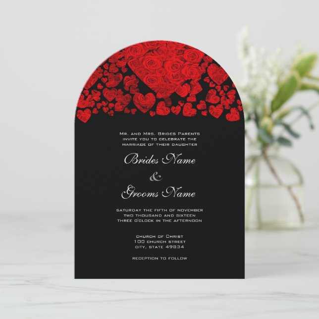 Red Heart Roses Wedding Invitation (Standing Front)