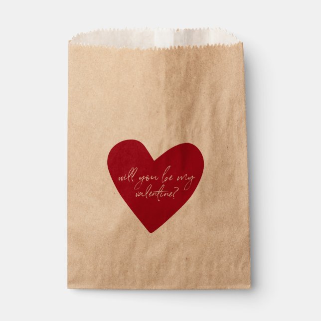 Red Heart Script Valentines Day Kraft Favour Bags (Front)