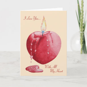 red heart shaped candle burning with love verse card