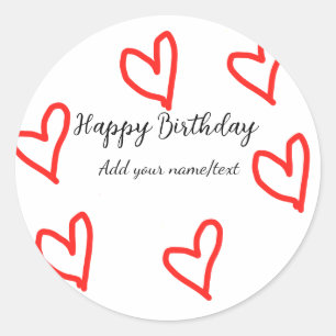 Red heart shapehappy birthday add name text simple classic round sticker