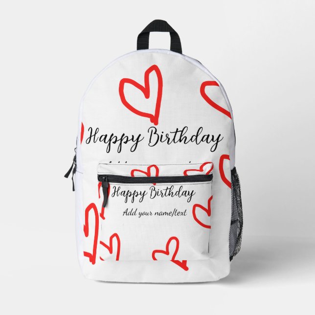 Red heart shapehappy birthday add name text simple printed backpack (Front)