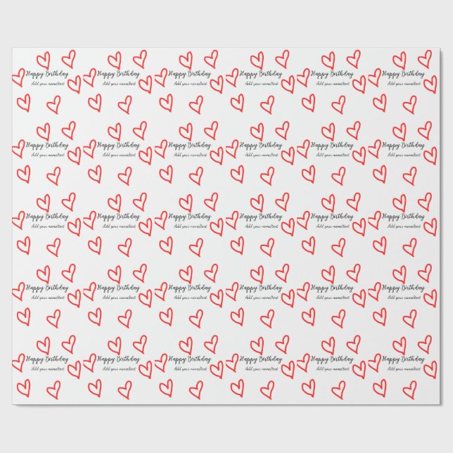 Red heart shapehappy birthday add name text simple wrapping paper (Flat)