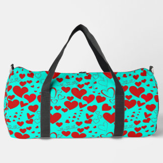Red Heart Shapes Pattern in Vivid Turquoise Duffle Bag