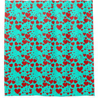 Red Heart Shapes Pattern in Vivid Turquoise Shower Curtain