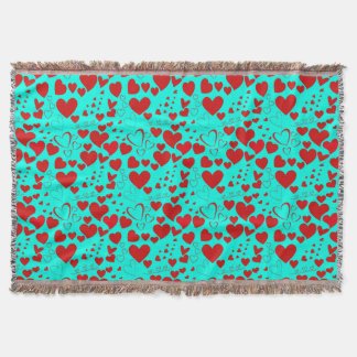 Red Heart Shapes Pattern in Vivid Turquoise Throw Blanket