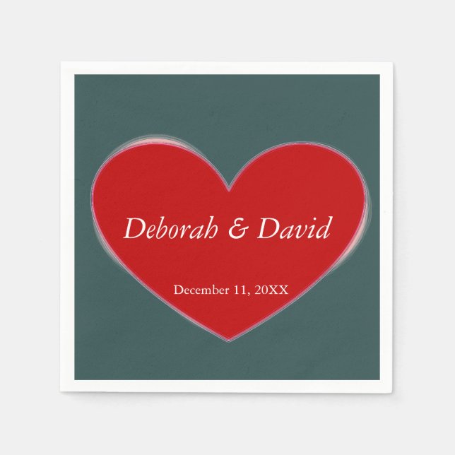 Red Heart Slate Grey Script Wedding Napkin (Front)
