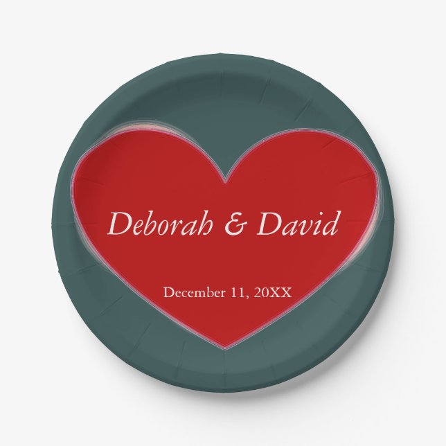 Red Heart Slate Grey Script Wedding Paper Plate (Front)