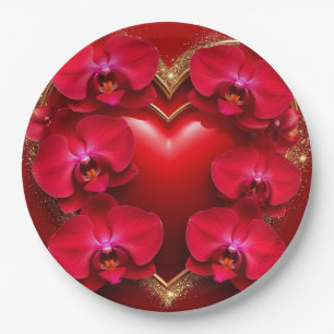 Red Heart Surrounded by Elegant Orchids Paper Plate