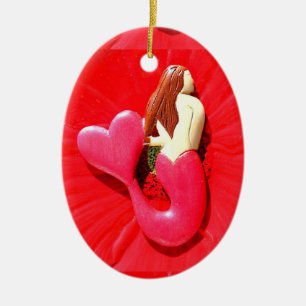 red heart-tailed mermaid beauty ceramic tree decoration