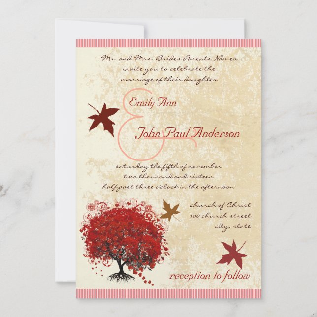 Red Heart Tree Fall Leaves Wedding Invitation (Back)