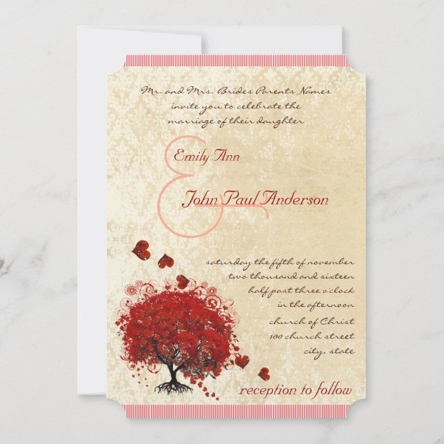 Red Heart Tree Falling Hearts Wedding Invitation (Back)