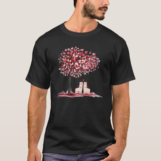 Red Heart Tree Llama Hugs Couple Valentine's Day M T-Shirt (Front)