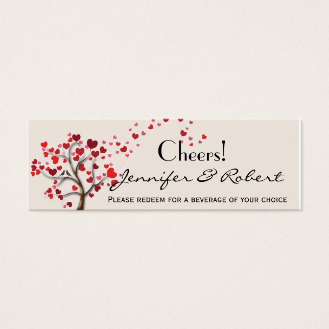 Red Heart Tree on Ivory Wedding Drink Ticket (Front)