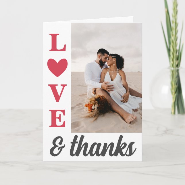 Red Heart Typography Love & Thanks Wedding Photo  Thank You Card (Front)