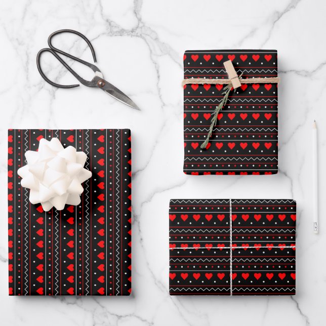 Red heart valentine love pattern black background wrapping paper sheet (Front)