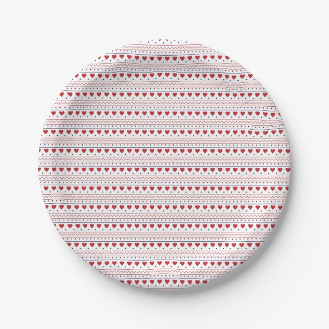 Red heart valentine love pattern paper plate (Front)