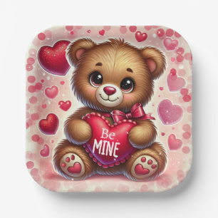 Red Heart Valentine Teddy Bear Birthday Party Paper Plate