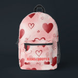Red Heart Watercolor Seamless Pattern Printed Backpack<br><div class="desc">This seamless watercolor pattern features a beautiful arrangement of red hearts set against a soft pale pink background. The design blends solid crimson hearts with hand-drawn outline hearts, creating a playful yet romantic visual style. Delicate swirling lines and tiny dotted accents add movement and charm, while the watercolor texture gives...</div>
