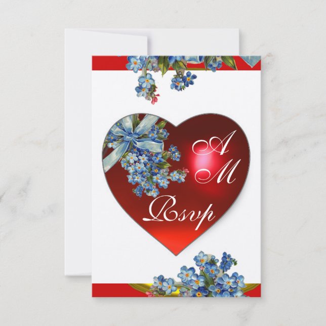 RED HEART WITH BLUE FORGET ME NOTS MONOGRAM RSVP INVITATION (Front)