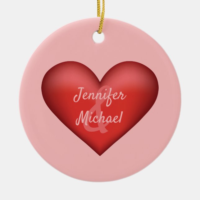 Red Heart With Custom Names Of A Couple Ceramic Tree Decoration (Front)