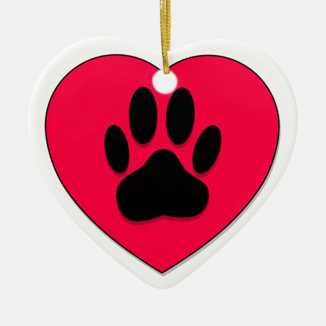 Red Heart With Dog Paw Print Ceramic Tree Decoration (Front)
