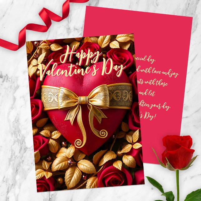 Red Heart with Golden Ribbon and Roses Valentine's Card (Creator Uploaded)