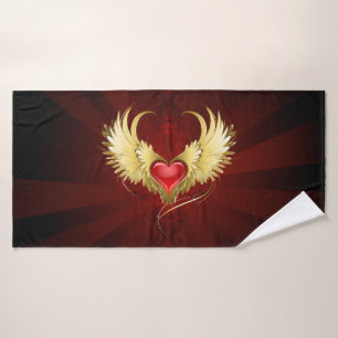 Red Heart with Golden Wings Bath Towel
